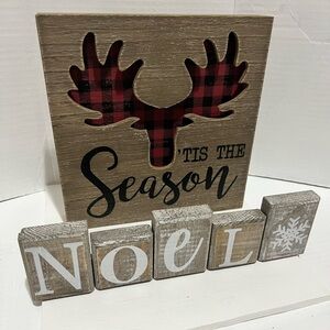 Tis the Season Red Buffalo Check Inset Antlers 9.45x9.45 Wood Sign & Noel Decor
